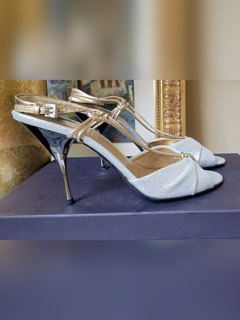 PRADA SILVER GOLD DRESSY HIGH HEEL EVENING SANDAL COMFY SILK TOPS 39 US 9